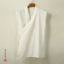 Chinese Traditional Clothing Hanfu Vest Men Linen Cotton Sleeveless Top Men's Tang Suit Kimono Cardigan Men's Slit Top