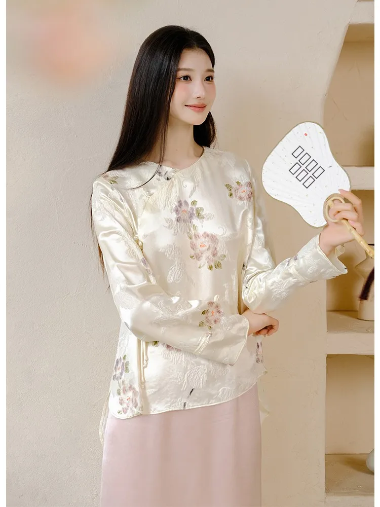 

Новая китайская модная женская одежда: свободный топ из шелка тусса с плиссировкой и принтом, высококачественная традиционная этническая одежда