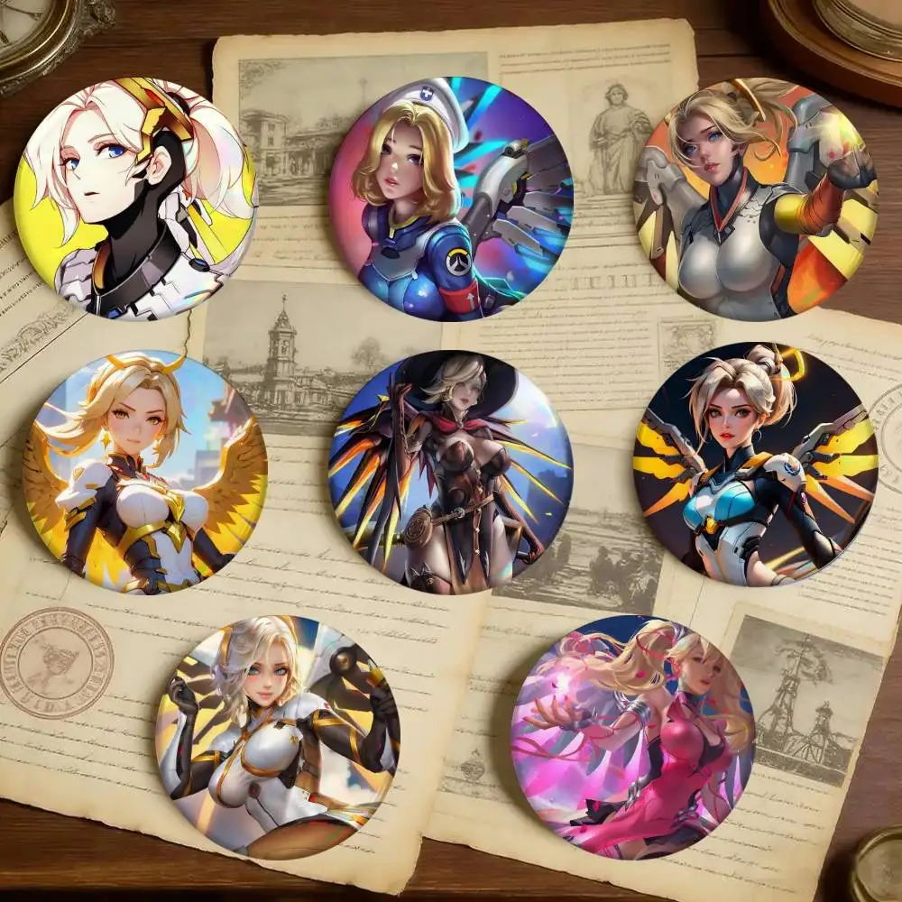 Game Mercy Overwatch Badges 25 32 44 58 75 Mm Round Cosplay Pin Bag Decor Fans Collect Friends Gifts Brooch Souvenir