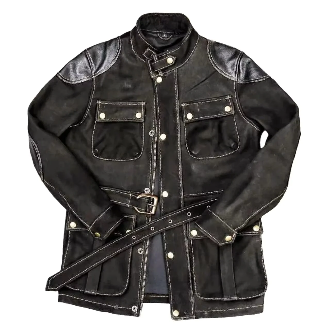Black Long Winter Leather Jacket Men Retro Style Plus Size 4XL Genuine Natural Cow Suede Stand Collar Four Pockets Belt Coat