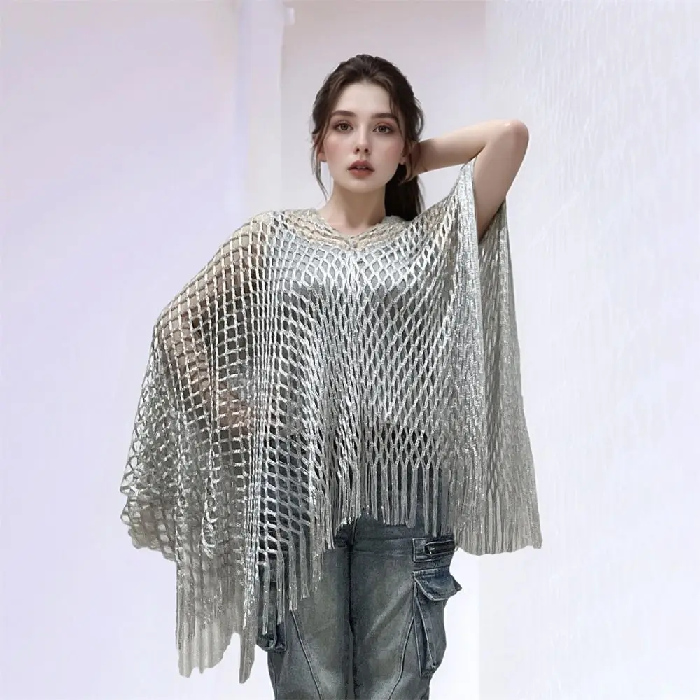Breathable Tassel Sunscreen Cover-up Loose Fit Crochet Bohemian Shawl Plus Size Casual Knit Hollow Out Top Vacation