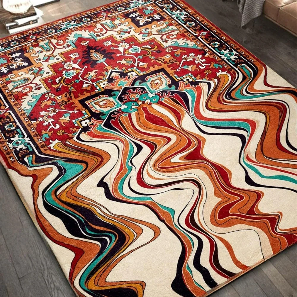 HD-Vintage Wine Red Melting Oriental Carpet for Living Room Bedroom Soft Non-Slip Area Rug Balcony Boho Wavy Funky Abstract Rugs