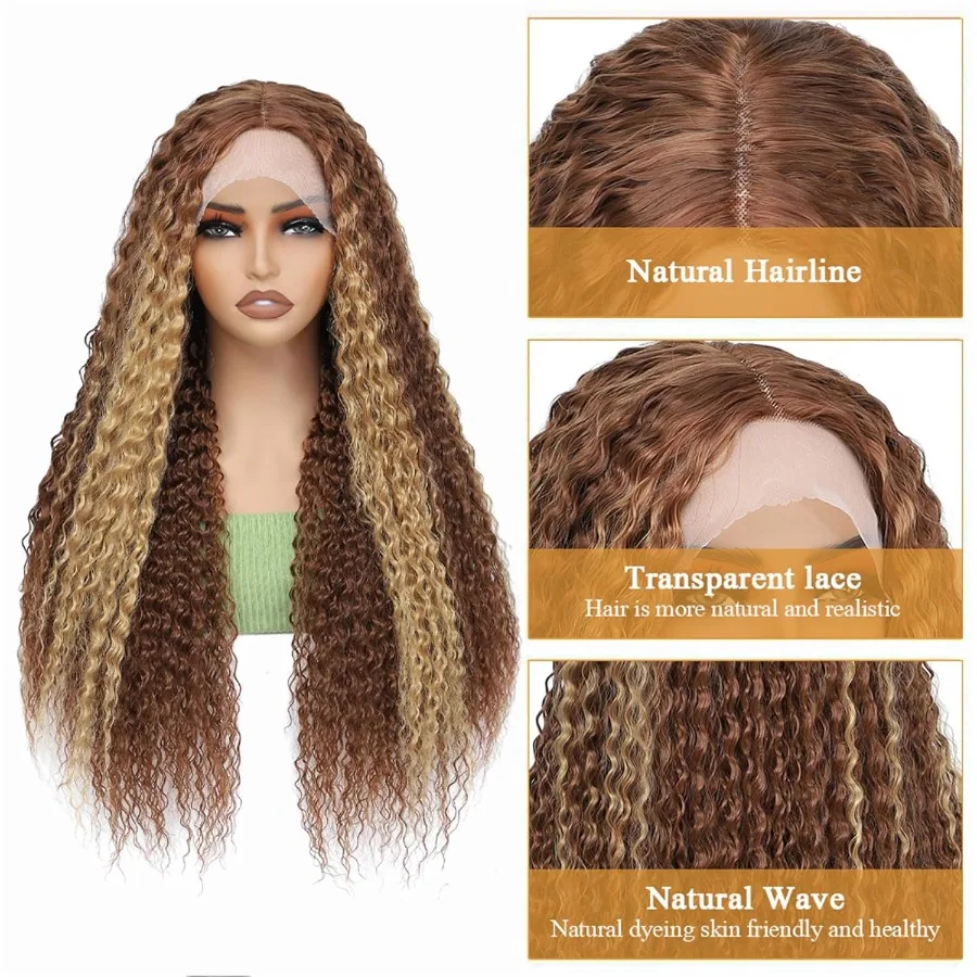 باروكات صناعية طويلة مجعدة للنساء ذوات البشرة السمراء ذات ملمس مجعد عميق وتسليط الضوء على أشقر بطول 30 بوصة مثالية للارتداء اليومي #3