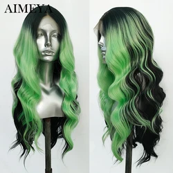 AIMEYA Synthetic Lace Wig Highlight Lace Front Wigs Body Wave Omber Black/Green Lace Frontal Wigs High Temperature Fiber Wigs