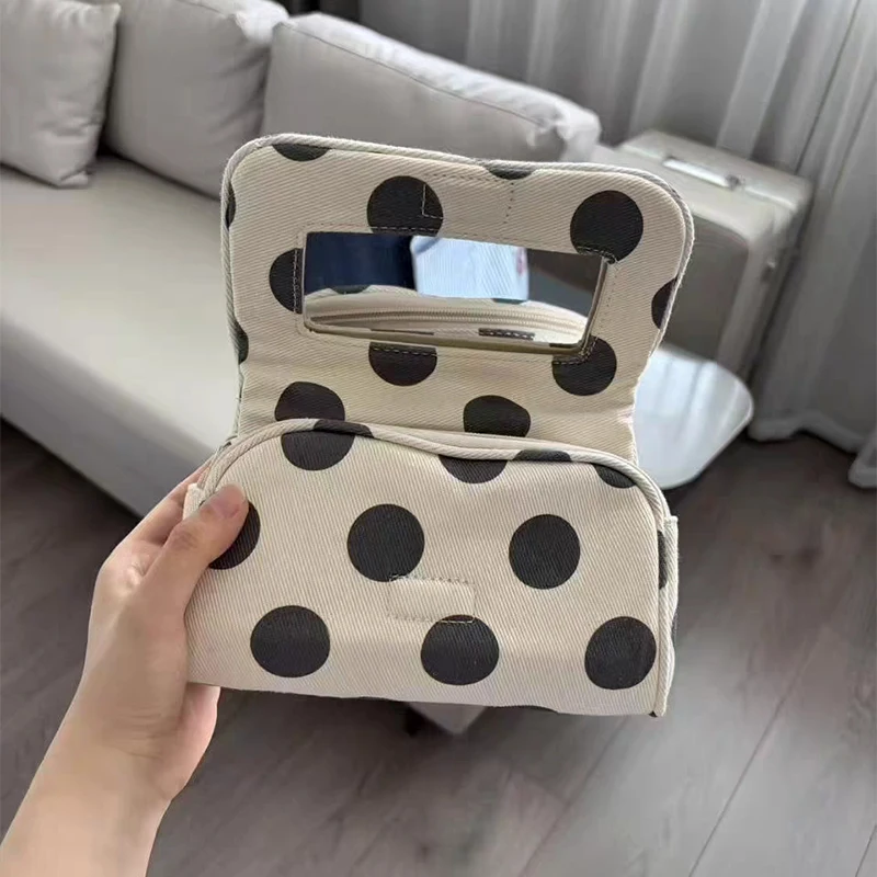 Koreanische Rosa Gestreifte Kosmetiktasche mit Spiegel, Niedliche Mini-Kosmetik-Aufbewahrungstasche, Tragbarer Reise-Beauty-Organizer für den täglichen Gebrauch von Mädchen – Detail 6