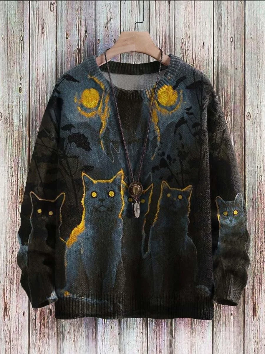 Halloween-Schloss, schwarze Katze, Geist, Retro-Kunst, 3D-Druck, Herren-Strickpullover, Winter, Unisex, lässiger Strickpullover. – Detail 11