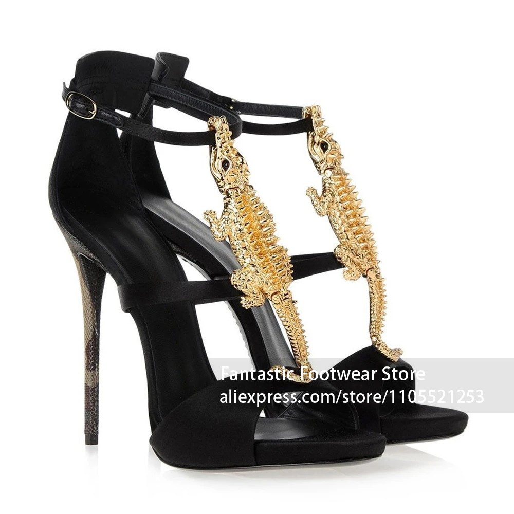 3D Gold Metal Crocodile Embellishment Party Sandal Adjustable Ankle Buckle Strap Statement Decor Sandal Date Night Elegant Shoes