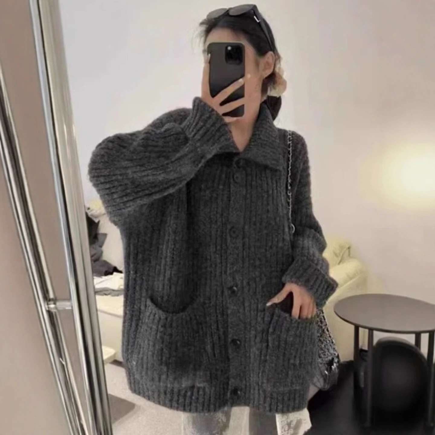 

Свободный вязаный свитер с высоким воротником, пальто, женский осенне-зимний повседневный утягивающий открытый кардиган, универсальный длинный топ све