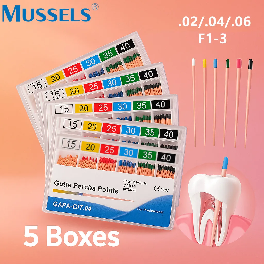 5 упаковок стоматологических гуттаперчи, эндодонтические наконечники для обтураливания корневых каналов, конусные планки 04 02 06 F1-F3, эндодонтические материалы, терапия зубами