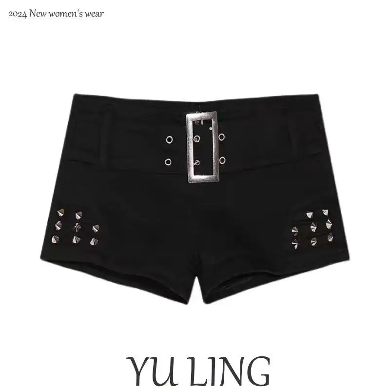 Sexy Low Rise Denim Super Rivet Shorts Women\'s Summer Elastic Slim Skinny Vintage Black Short Jeans Y2k Versatile Pants