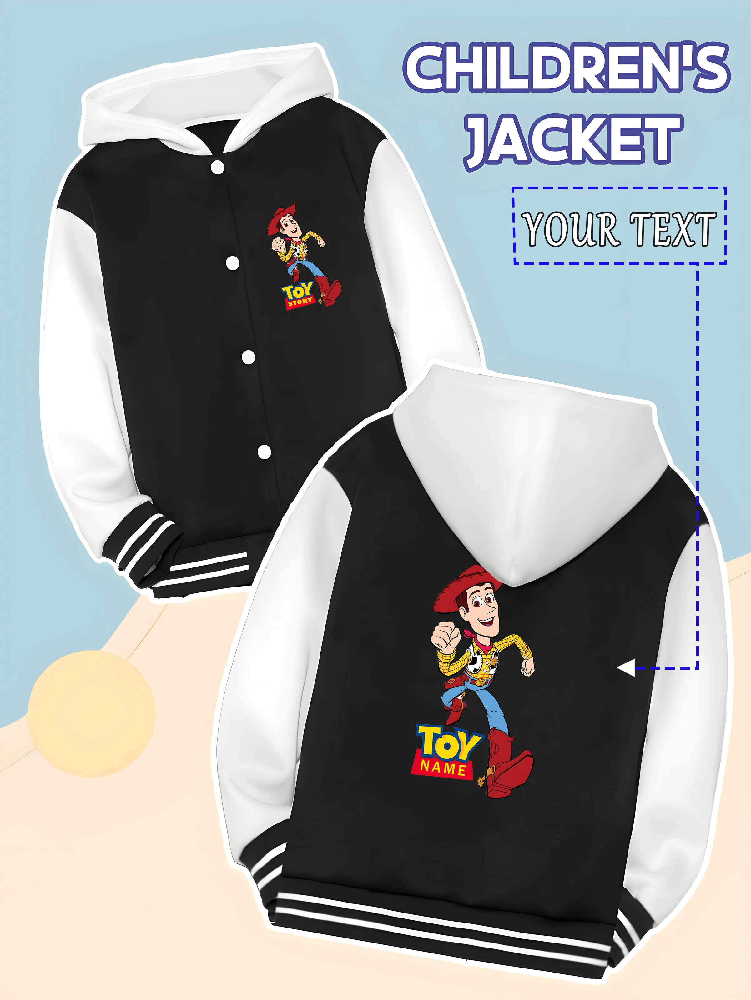 

MINISO Disney Toy Story Woody Boys Baseball Jacket - Woody's energetic run, customizable with a "TOY NAME" design. The simple, t