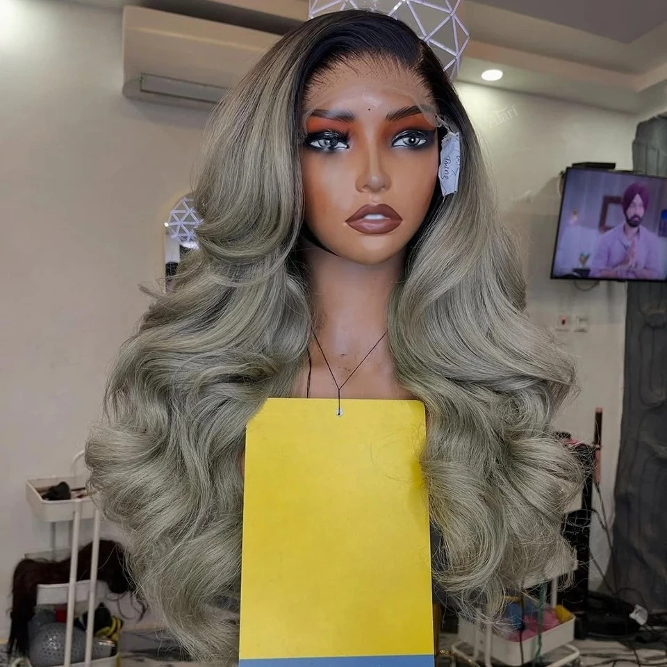

Ombre Silver Grey Body Wave Lace Front Wigs Heat Resistant 13x4 HD Lace Wig Synthetic And Blend Dark Roots On Clearance Cosplay