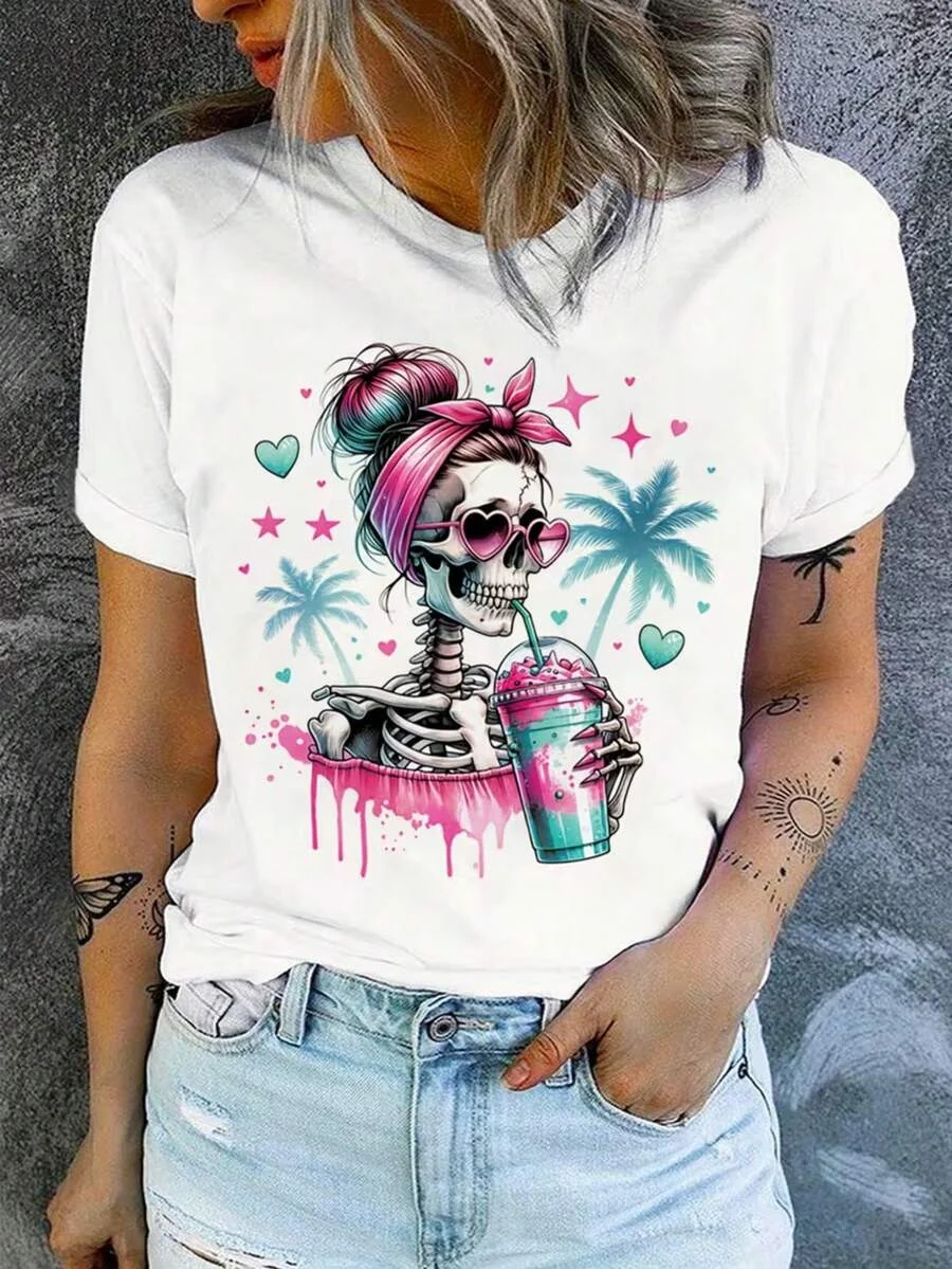 2026 Fashion New Women Crew Neck Short Sleeve T Shirt Skeleton Messy Bun Iced Drink Graphic Print Pink Blue Palm Tree Beach Y2K Casual Basic Top Tee