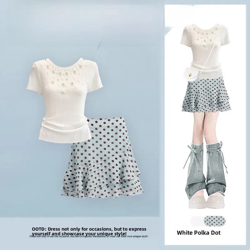 Elegant Knitted round Neck Two-Piece Set with 3D Beads Slimming Top And Polka Dot Skirt for Women Summer Fashion Ensemble