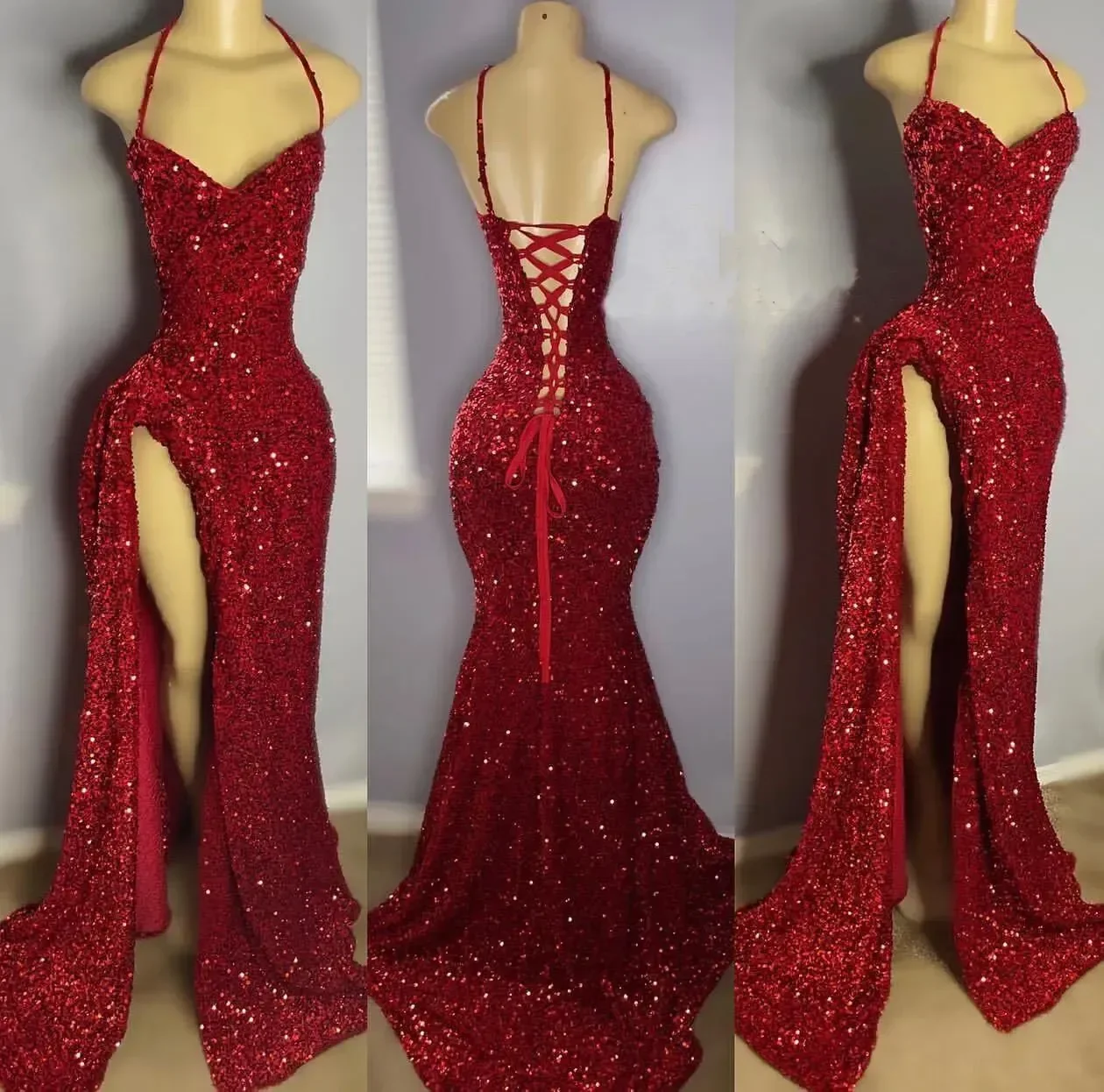 2024 Dark Red Sequins Prom Dresses Halter High Split Corset Back Mermaid Plus Size Celebrity Party Formal Evening Wear vestidos