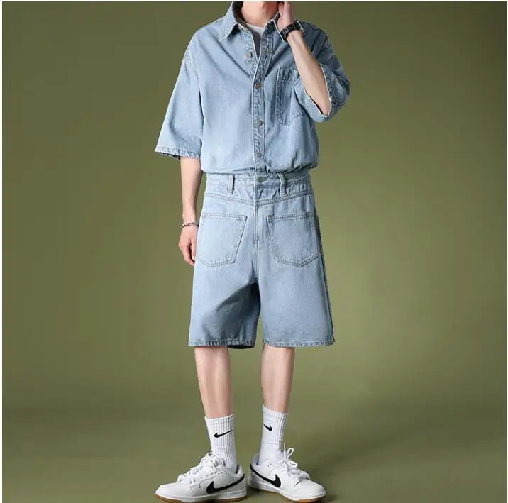 

2023 New Men's Summer Workwear Denim Bodysuit Fashion Brand Five Point Shorts Fashion Street Men's Short Sleeve Denim Bodysuit