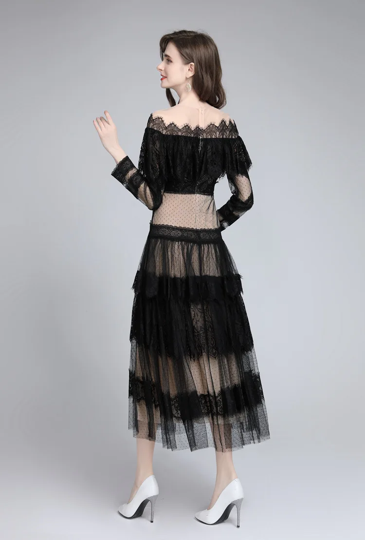 Women's Dresses Slash Neckline Long Sleeves Lace Patchwork Elegant Designer Vestidos Prom S-4XL