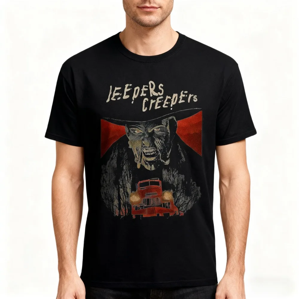 

Jeepers Creepers Horror T-Shirt Black with Red Spooky Face Design Heavyweight 180gsm Cotton Tee for Horror Movie Nights