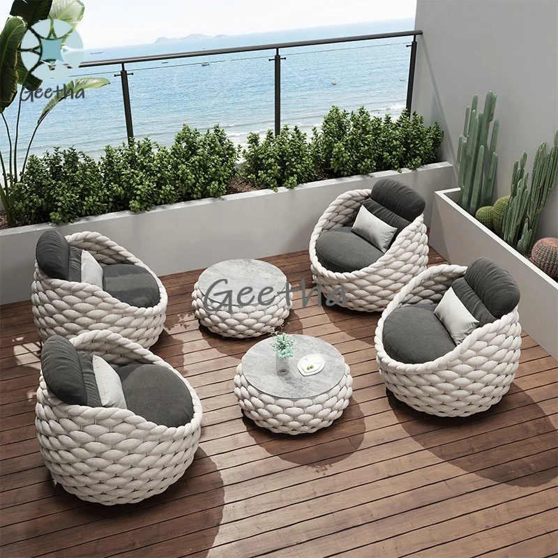 Furnitur Anyaman Melengkung Furnitur Luar Ruangan Modular Garten Sectional Sofa Kecil Set Duduk Eksterior Bambu