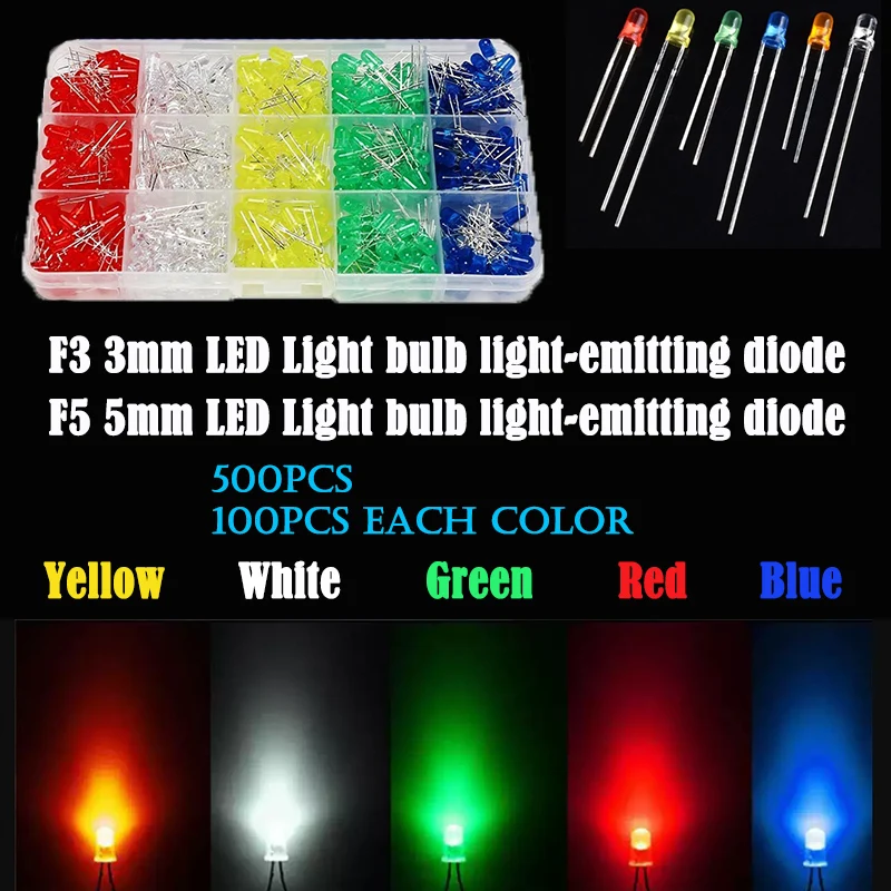 500Pcs Set LED Diodes Kit F3 3mm F5 5mm Diode 100PCS Each of 5 Colors Values Kinds Types with Box LED light emitting diode box