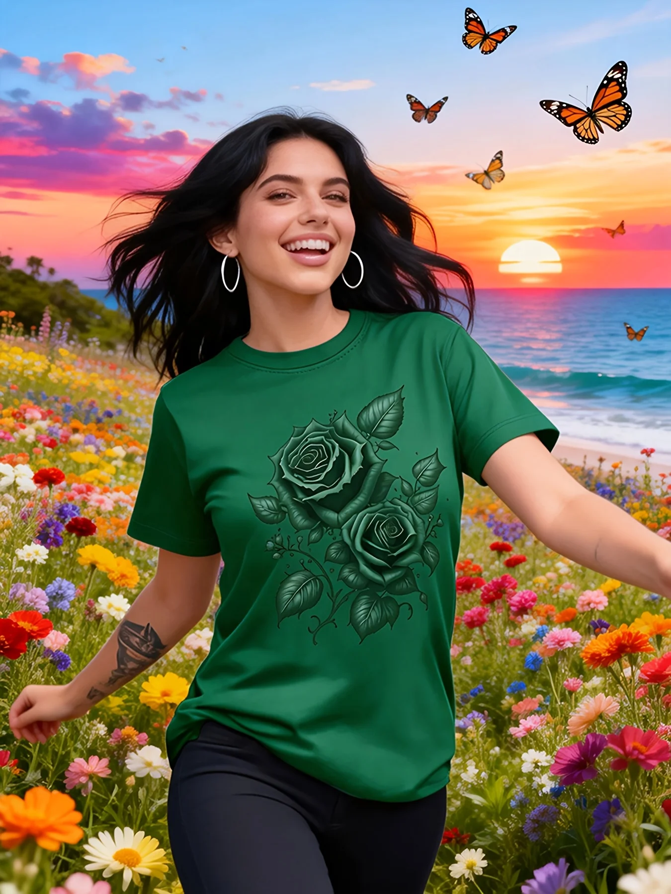 Blue Rose Floral Women's Tee - Casual Light Blue Graphic Top