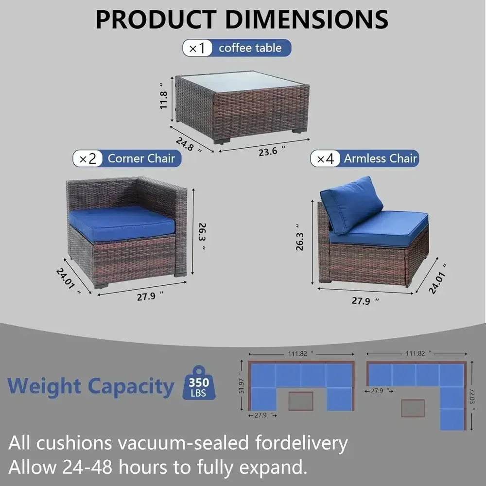 7-Piece Blue Outdoor Patio Furniture Set with Weather-Resistant Rattan, Sectional Sofa, Cushions, Glass Table & Rain Cover