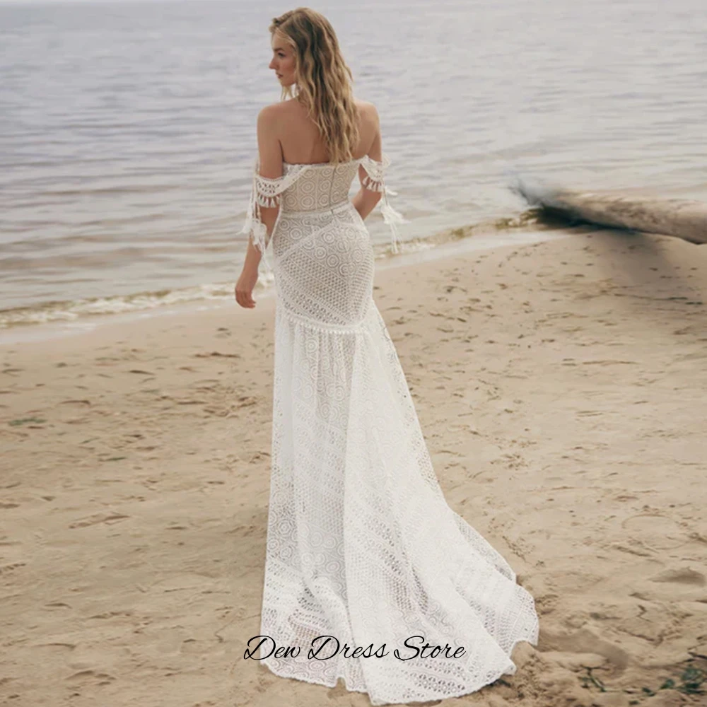 ชุดเจ้าสาวลูกไม้ทรงเสน่ห์แบบเปิดไหล่ พร้อมซิปด้านหลังแบบคลาสสิก ชุดแต่งงานทรงเมอร์เมดแบบไร้สายสะพาย สามารถปรับแต่งได้