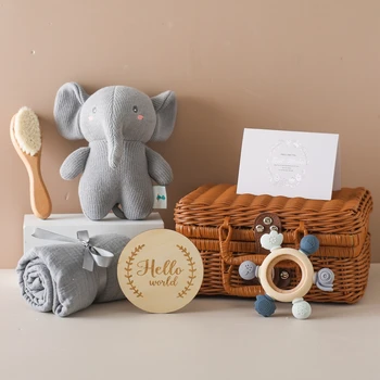 מגבת כותנה לתינוק, מברשת צמר, קופסת מתנה לאמבטיה, סט צעצועים לאמבטיה, רעשן, פיל, צעצועי גרירה, סיליקון, צעצועי גרירה