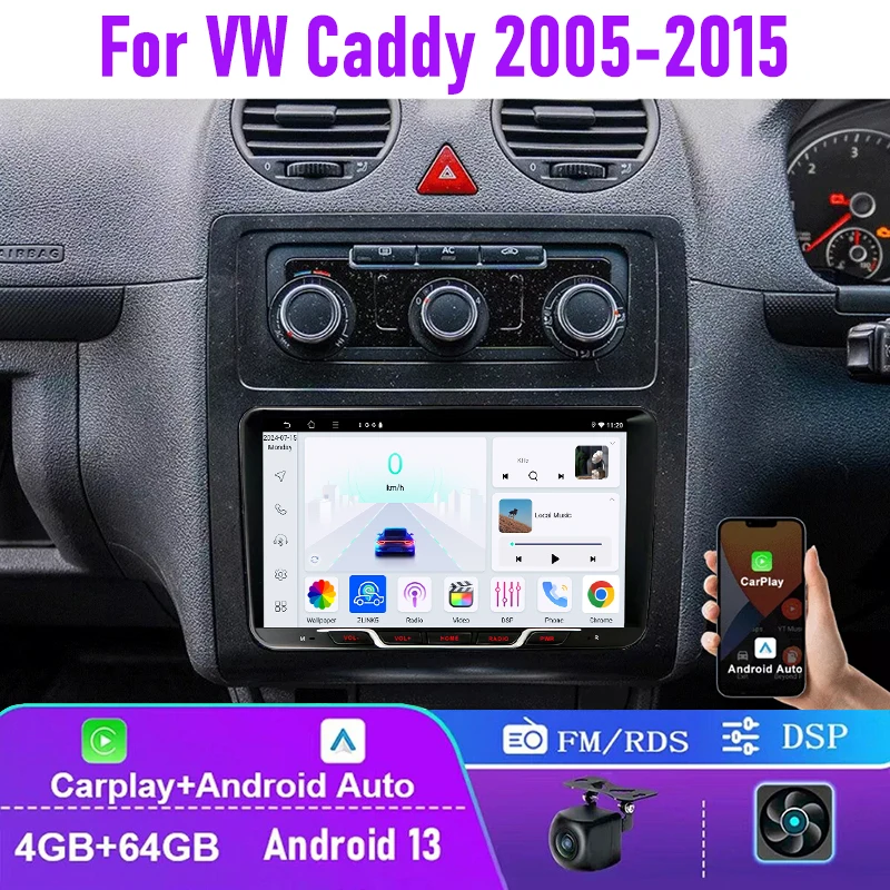 

9" 4+64GB For VW Caddy 2005-2015 Car Stereo Radio Wireless Apple Carplay Android 13 Head Unit FM AM BT GPS Navi