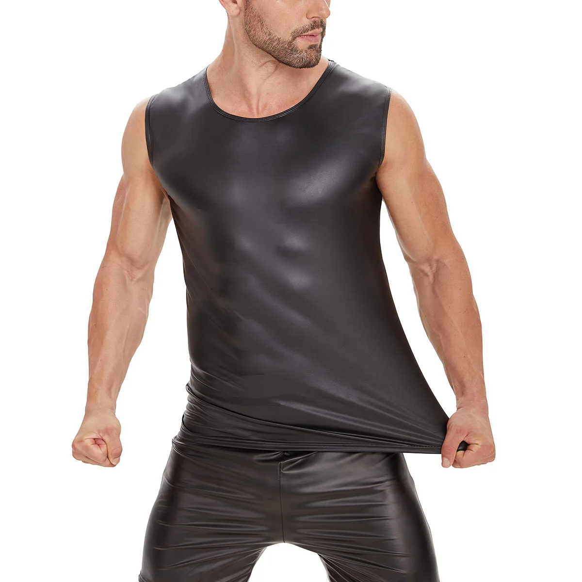 Camiseta sin mangas de cuero brillante para hombre, camisetas de cuero mate suave, chaleco moldeador de cuello redondo de alta elasticidad, talla