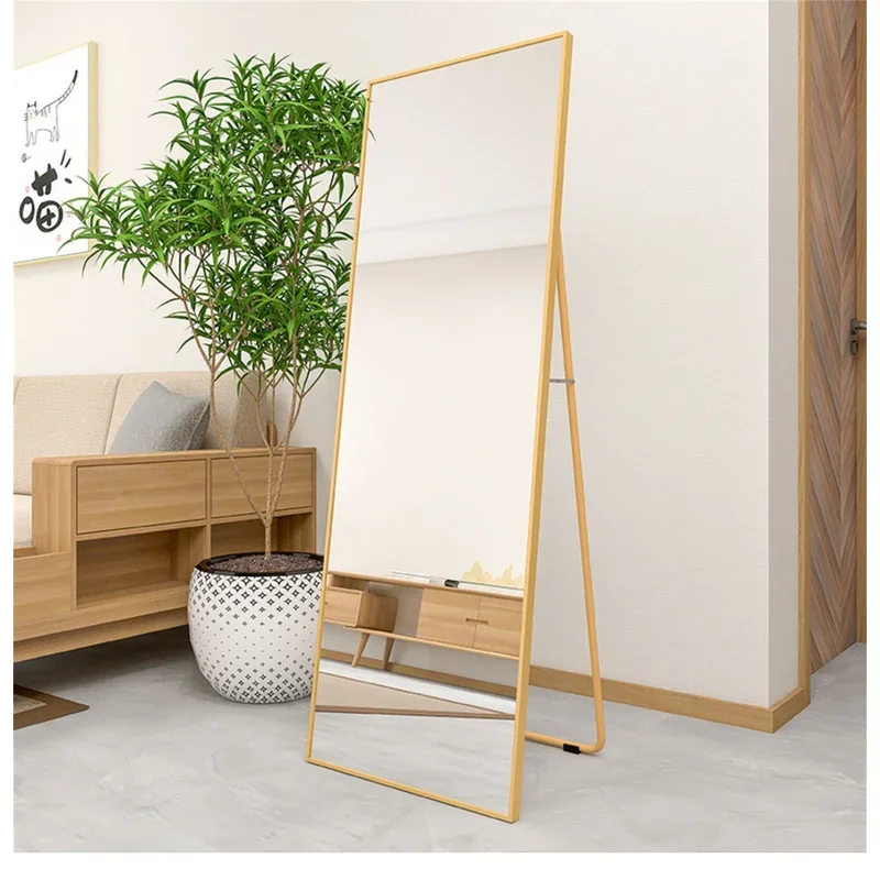 Golden Wall-Mounted Alloy Frame Full Length Mirror, Inclined floor mirror with solid metal support