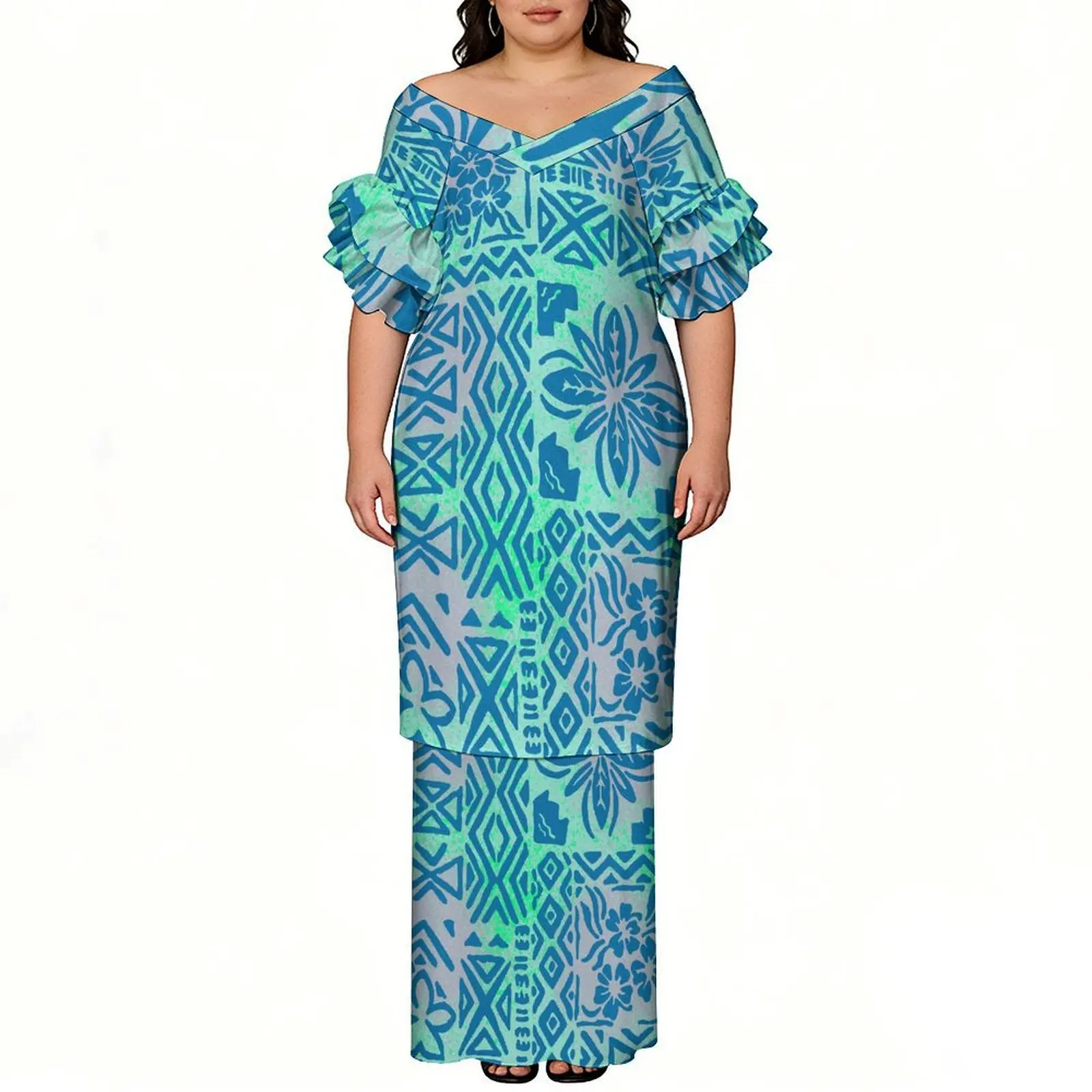 Wide Neckline  V-Neck  Lotus Sleeves  Two-Piece  Floor-Length Dress  High-Definition 3d Printed Pattern Puletasi