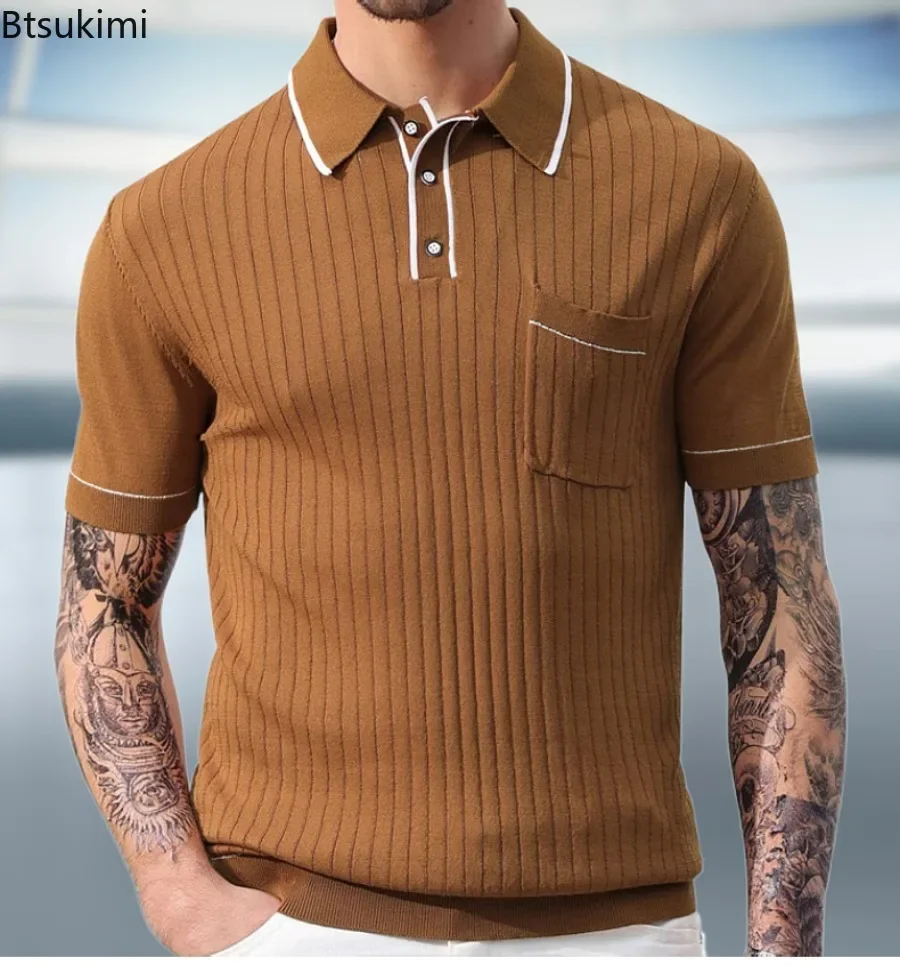 New Men's Short Sleeve Knitted Shirt 2024 Summer Trend Patchwork Polo Shirt Business Casual Tops Comfort Sport T-shirts Men Golf