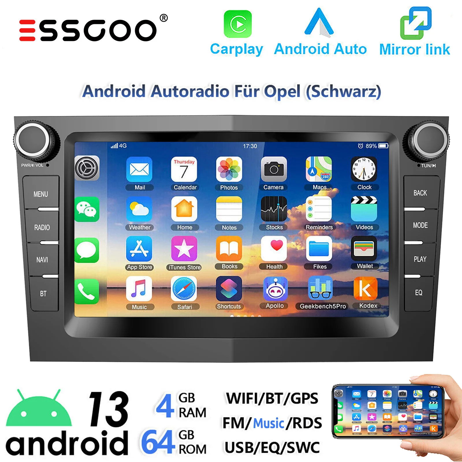 ESSGOO Android 13 4+64G Apple Carplay Car Stereo For Opel Vauxhall Astra H Zafira Meriva Vectra Corsa C D Combo GPS NAV RDS WiFi