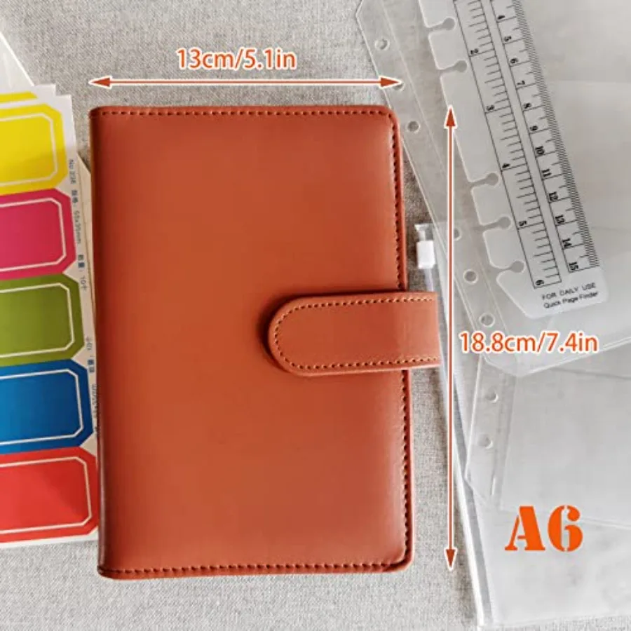 Refillable A6 Notebook Set with Cover 6 Hole Loose Leaf PU Binder Cover + 90 sheets 180 Pages of Lined Paper + 1pcs A6 Zipper B