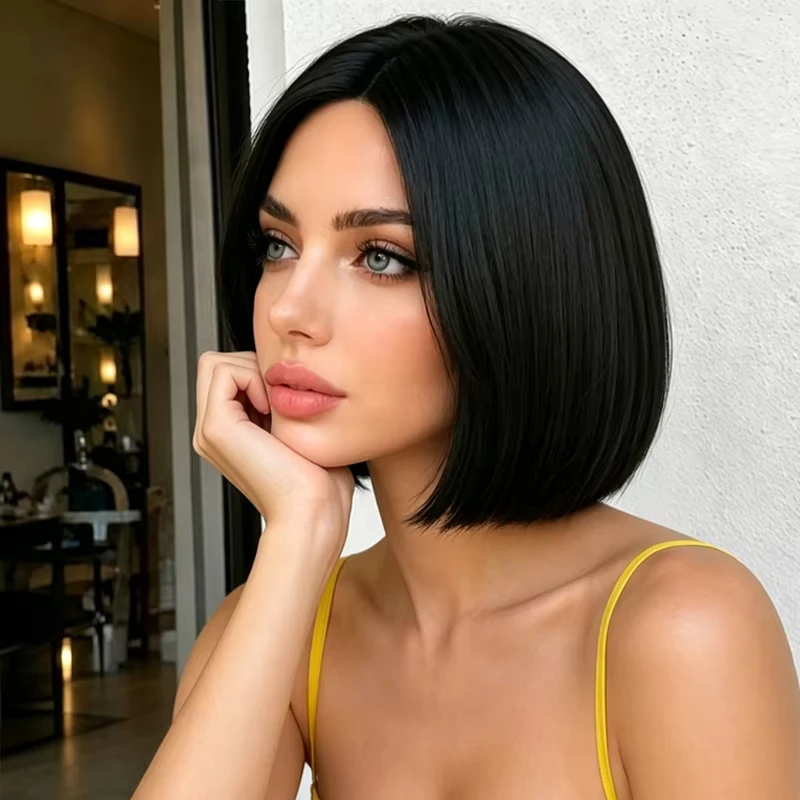 Center-parted Black Bob-style Synthetic Wig for Halloween Cosplay, Role-playing Wig, Everyday High-party Winsy Wig Set
