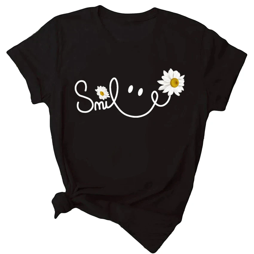 Piękna stokrotka z uśmiechem i nadrukiem T-shirt Harajuku Fashion Graphic Black T Shirt Casual O-neck Female Tops Tee