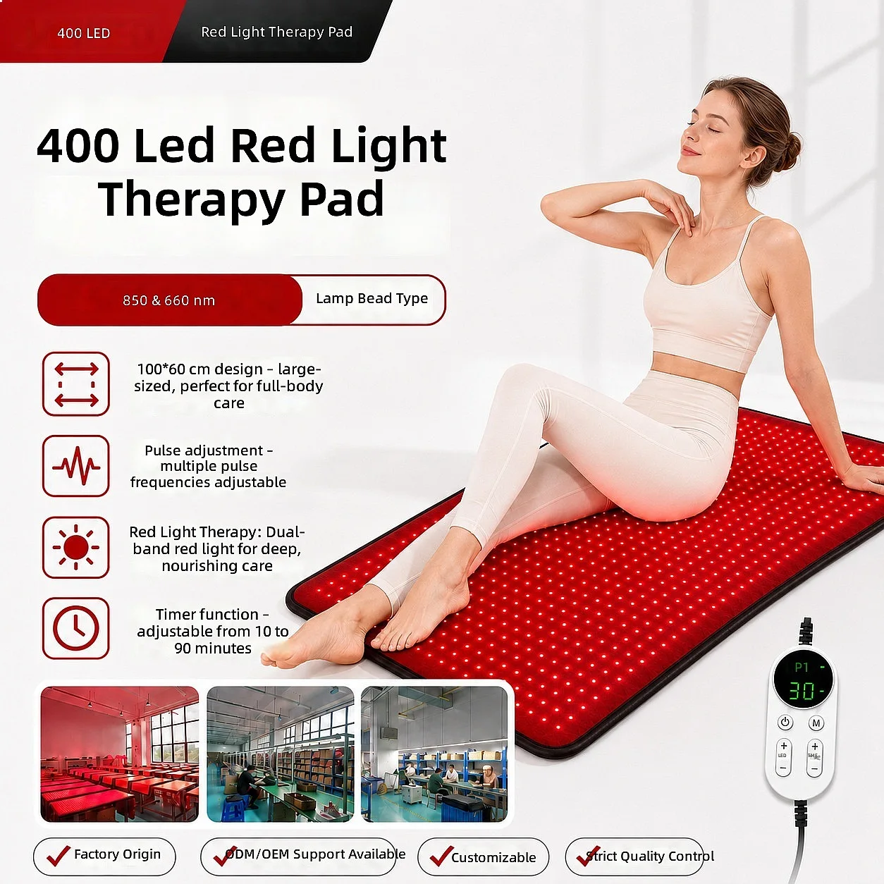 400 LEDs 61.5W Red Light Therapy Mat Body 100X60cm  Dual-Band 660nm/850nm Infrared Medical-Grade Pad Back Shoulder Joint Relief