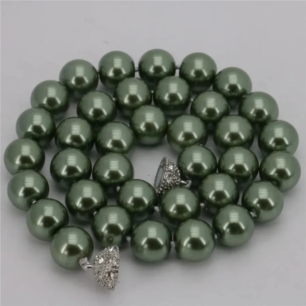 New Arrival 12mm Army Green South Shell Pearl Round Beads Necklace Wholesale Women Jewelry Beautiful New Magnet Clasp Grade