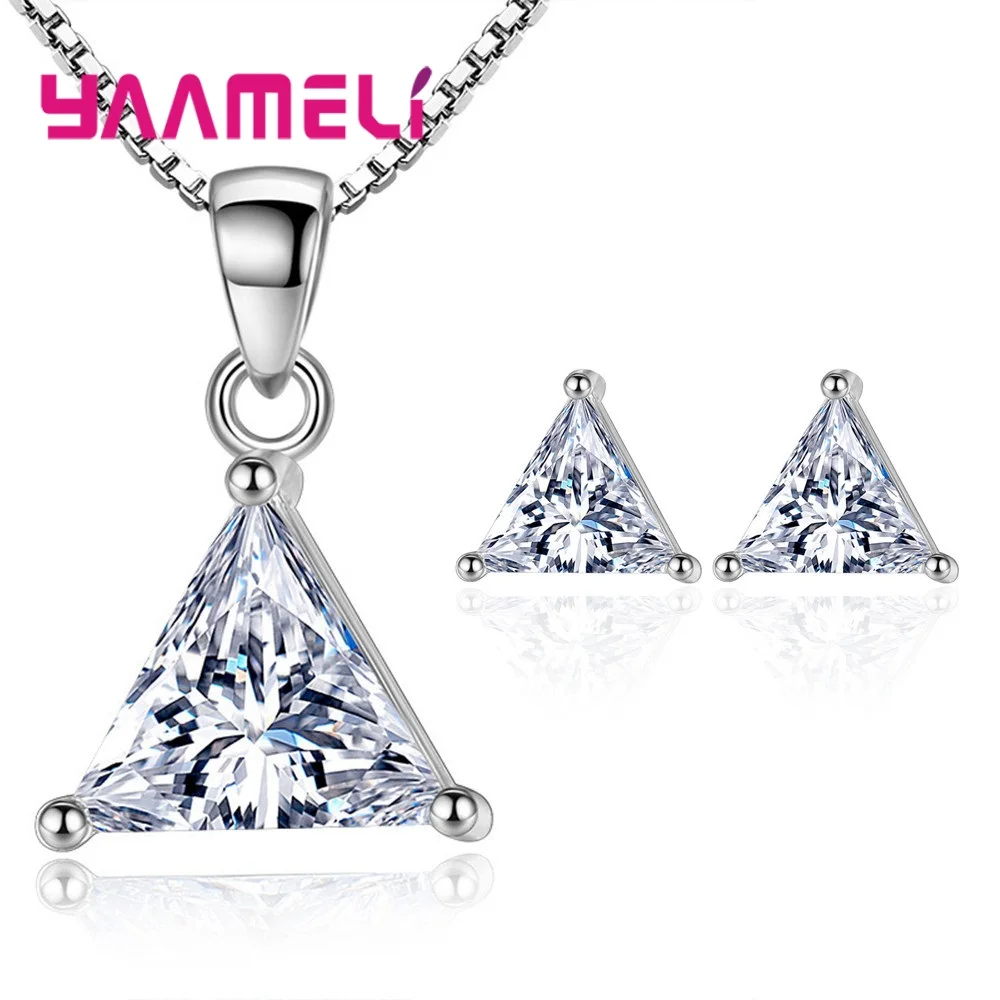 Classic 925 Sterling Silver Triangle Crystal Zircon Necklace Earrings Set for Women Girls Anniversary Party Fashion Jewelry Gift