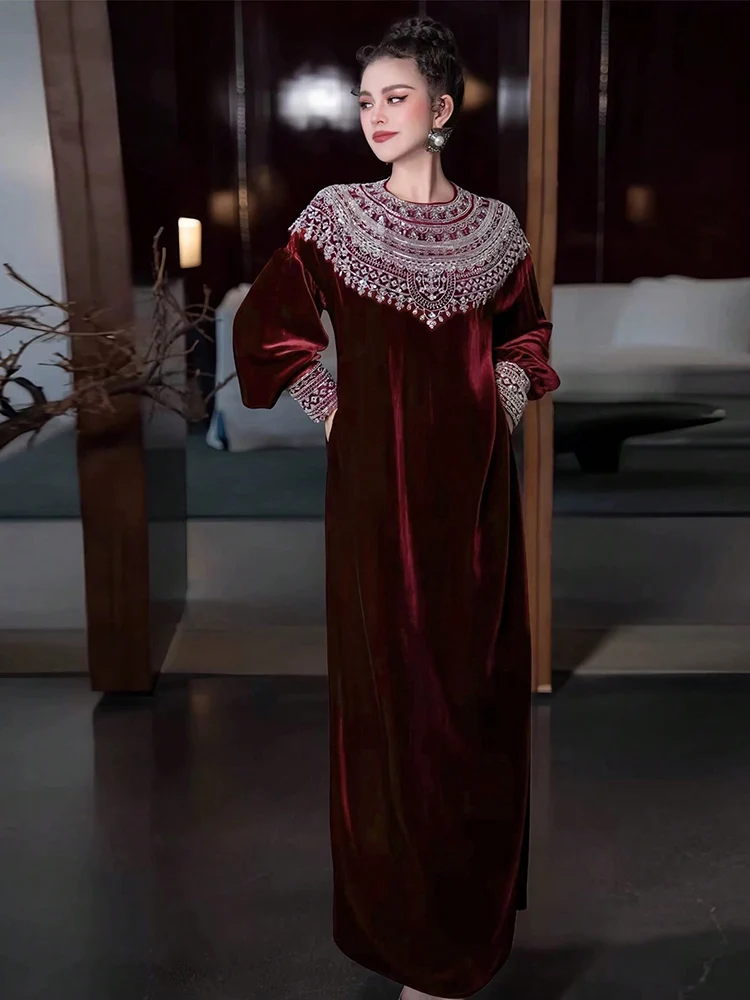 TOLEEN 2024 New Women's Solid Color Warm Round Neck Exquisite Velvet Luxury Elegant Formal Dresses, Suitable For Autumn/Winter