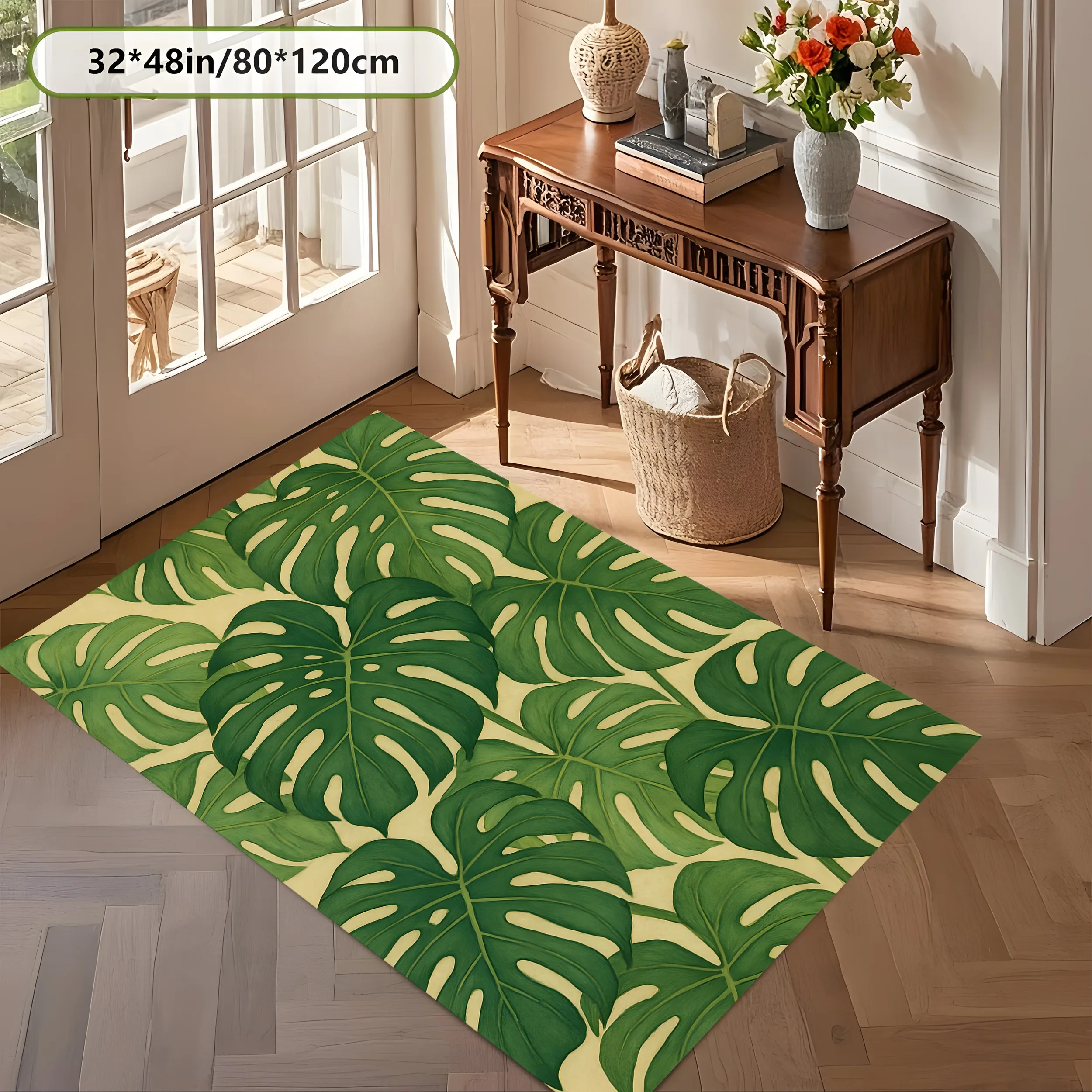 2D Carpet with All-Over Monstera Green Leaf Print as a Fresh Plant-Themed Choice for Living Room, Bedroom, and Coffee Table Area