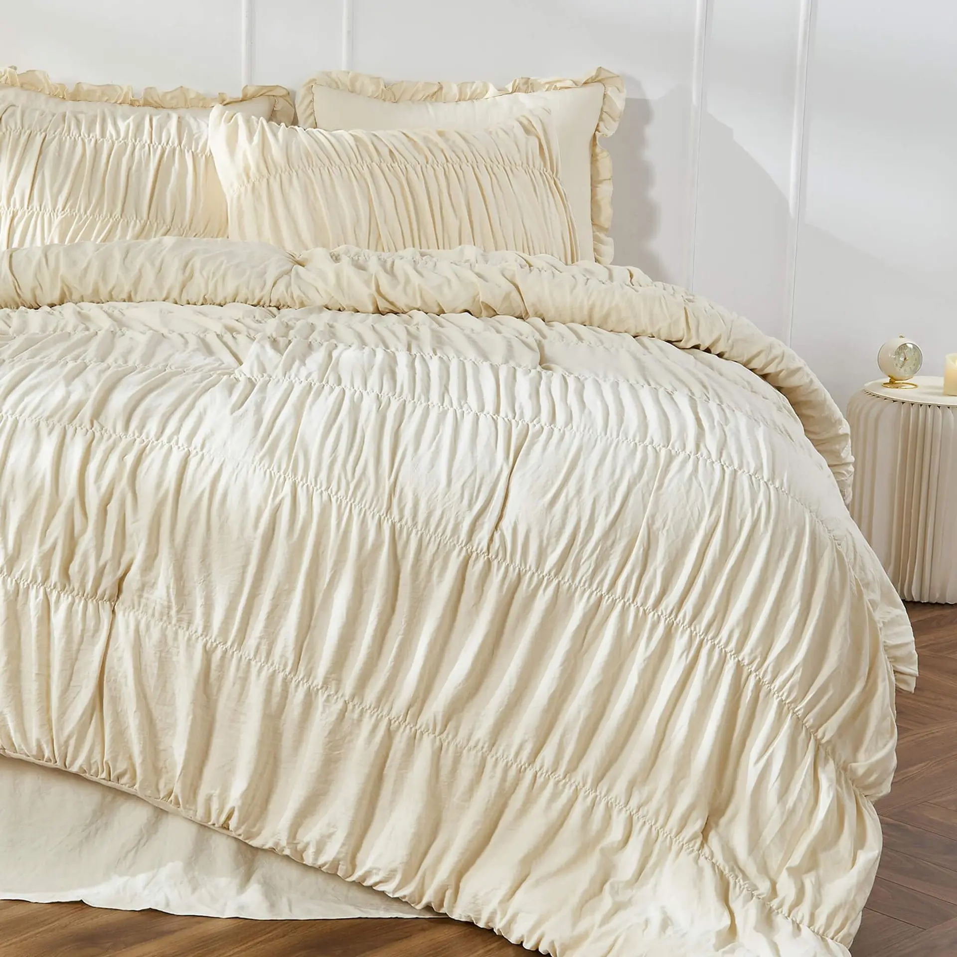 Bohemian Pleated Wheat Color Fluffy Duvet Cover & Comforter - Bed Linen Set 3-Piece Home Textiles for Cozy Bedroom