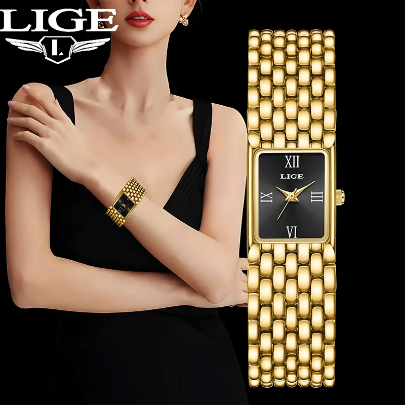 

LIGE New Gold Watch Elegant Ladies Fashion Small Square Quartz Wristwatches Luxury Stainless Steel Women Watch Gift Reloj Mujer