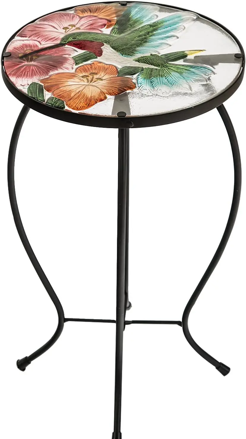 

Side Table Outdoor Garden Patio Metal Accent Desk With Round Hand Painted Glass