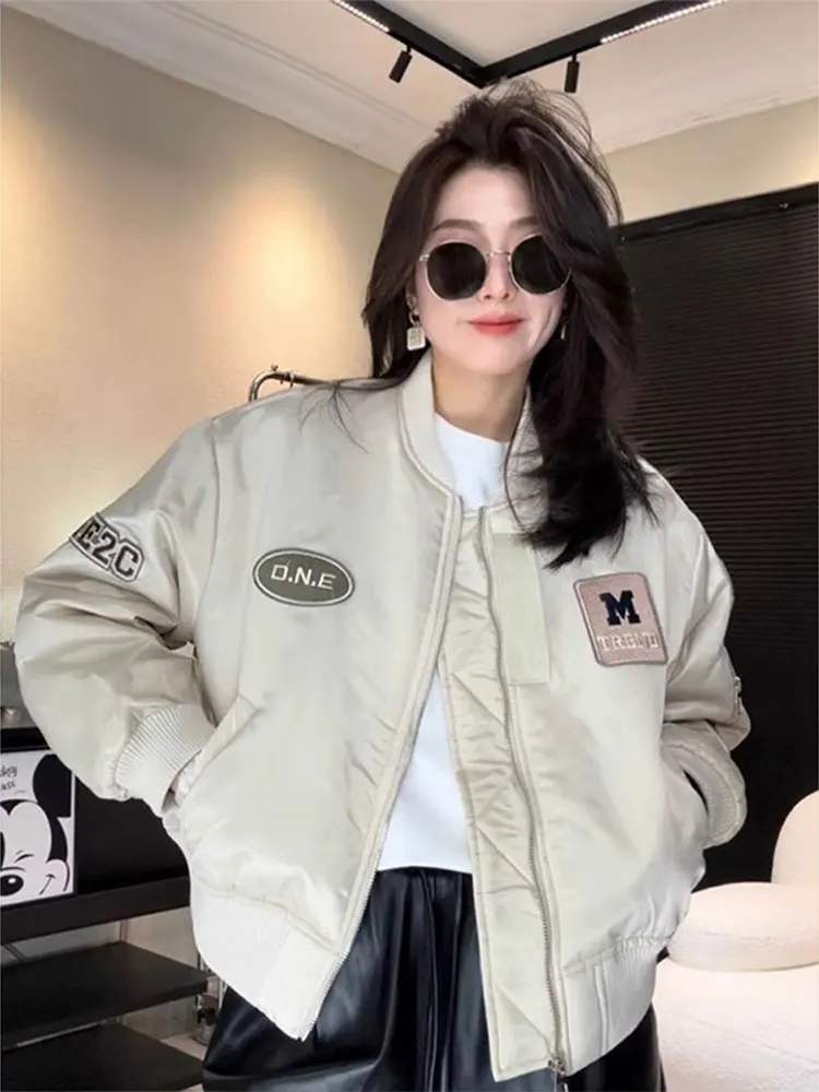 

Thiened Cotton Baseball Jaet Women's Winter ort Stitched Jaet American Sle Warm Top for Ladies Commute Faion