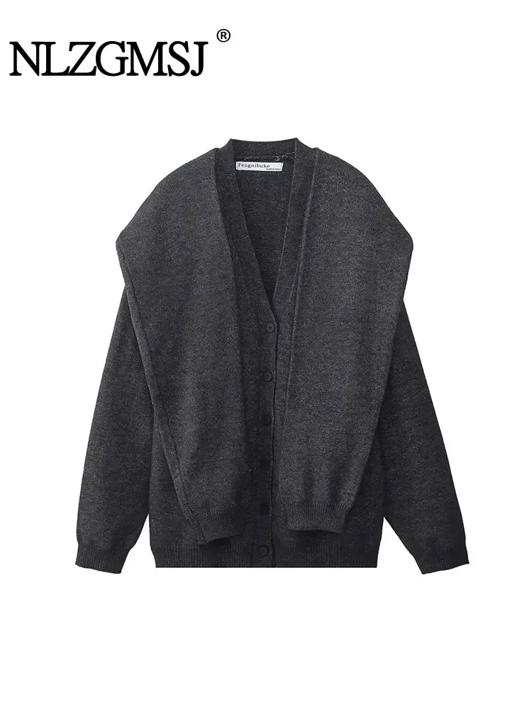 Nlzgmsj TRAF Gray Cardigan Jacket 2024 Winter New V-neck Loose Lazy Sweater Cardigan Long Sleeve Knotted Knitted Jacket Women