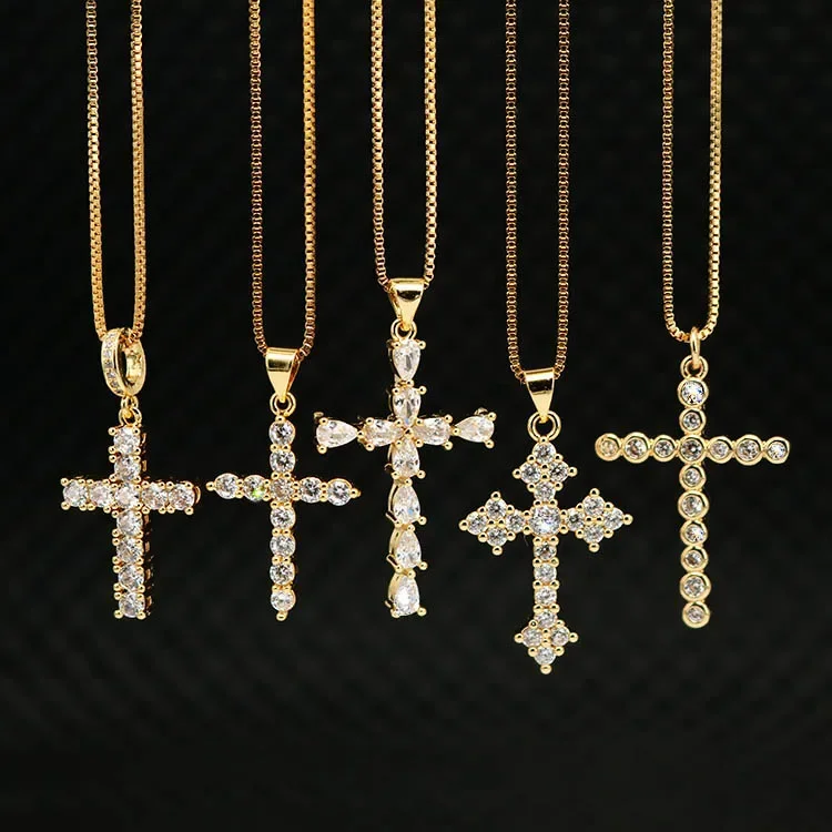 NS1082 High Quality Diamond Christian Religion Jewelry Gold Plated Stainless Steel Chain CZ Micro Pave Cross Pendant Necklace