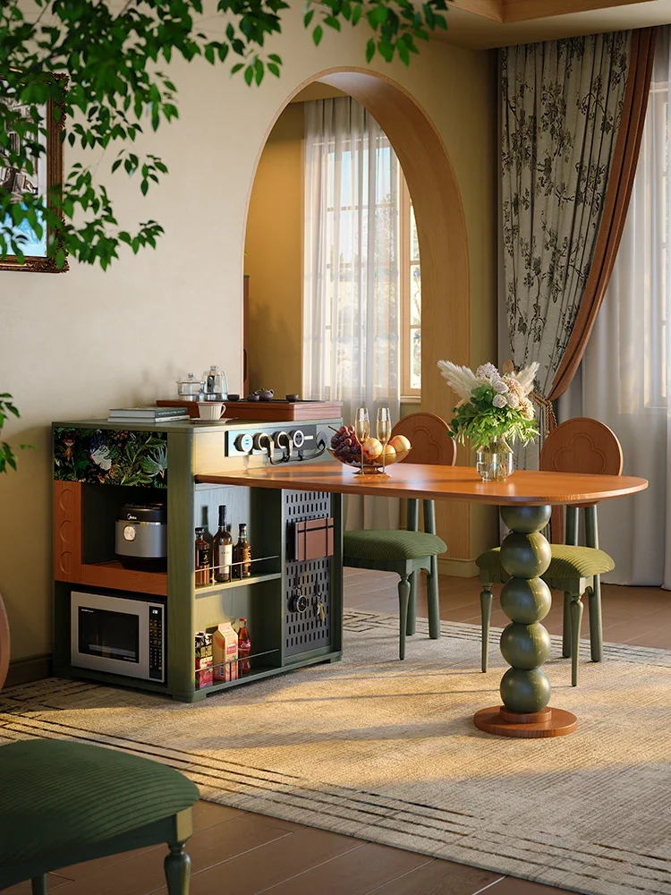 Retractable island dining table integrated French retro household solid wood multi-functional small apartment medium and antique