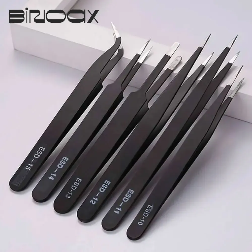 6PCS Precision Tweezers Set Upgraded Anti-Static Stainless Steel Curved Tweezers for Electronics Laboratory Work Jewelry